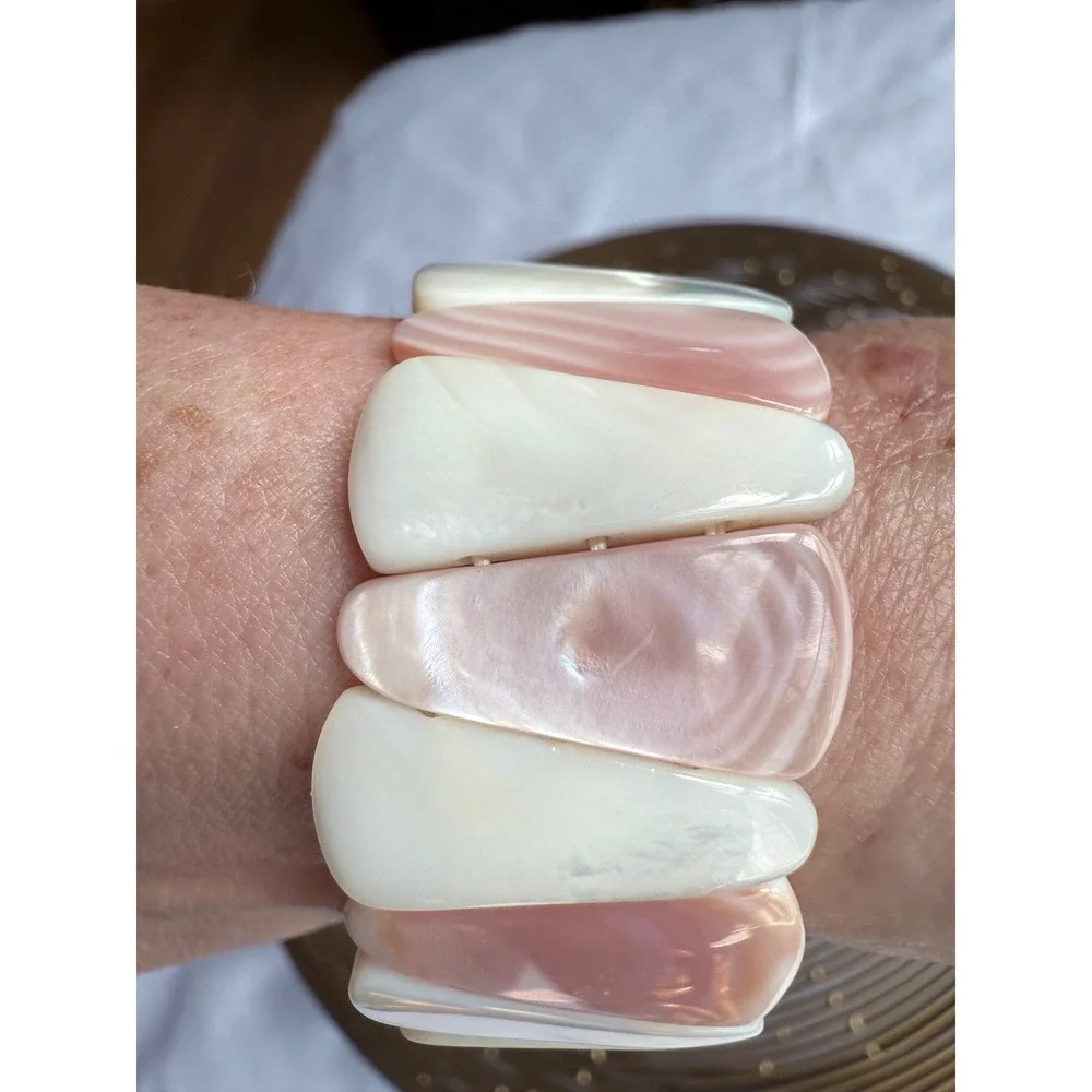 Mother of Pearl Shell Stretch Bracelet Pink Cream Iridescent Statement Boho Chic